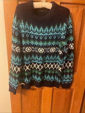 Talbots Navy Fair Isle Crewneck Sweater with Teal, Green, and White